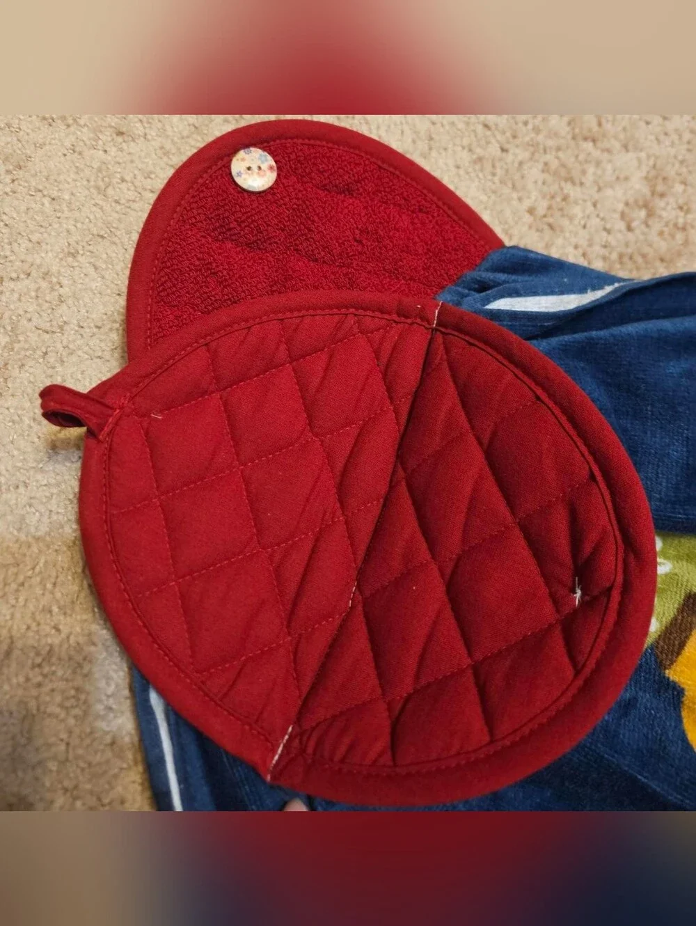 2 Handcrafted Potholders Attached To Towels | Blue + Red | Coffee